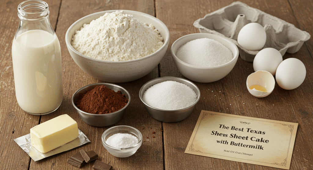 The Best Texas sheet cake with buttermilk recipe, including flour, cocoa powder, sugar, eggs, butter, and buttermilk.