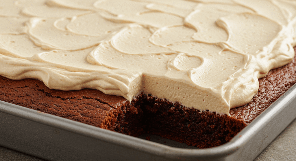Homemade Texas sheet cake made with buttermilk.