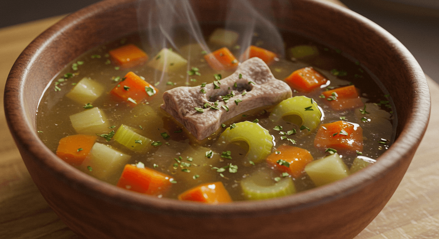Bowl of paleo bone broth soup filled with vegetables and herbs, served hot for a comforting winter meal.