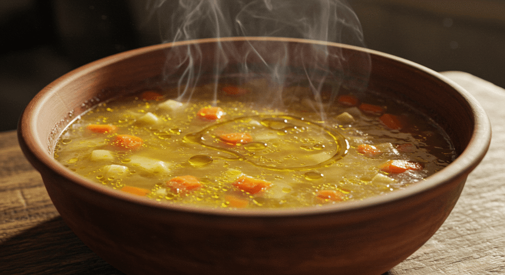 Homemade paleo soup with bone broth, carrots, and herbs served in a ceramic bowl on a wooden table.
