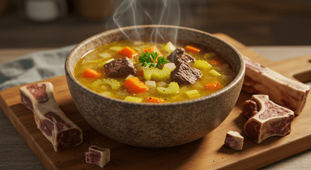 Warm bowl of paleo bone broth soup with vegetables.