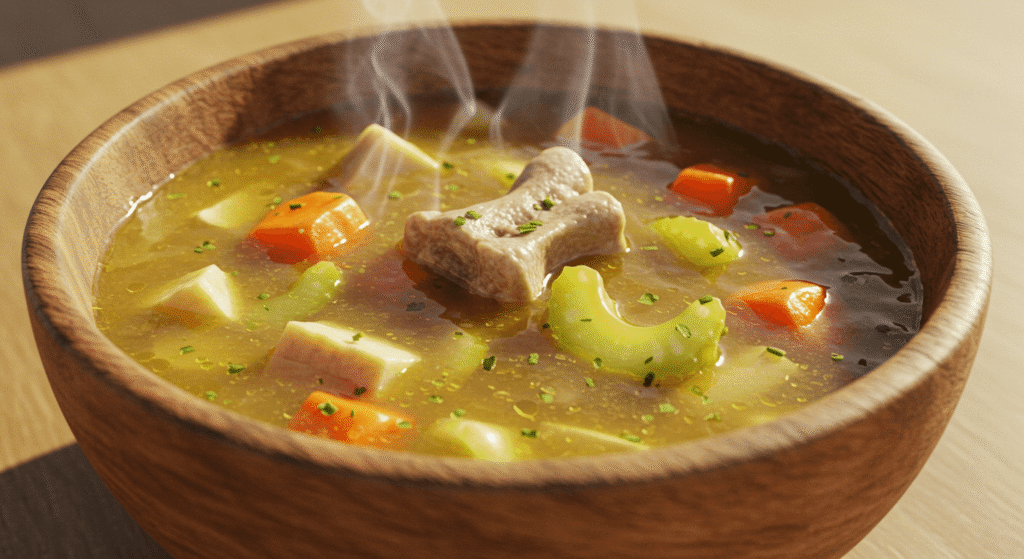 Hot paleo soup in a bowl with bone broth, vegetables, and herbs.