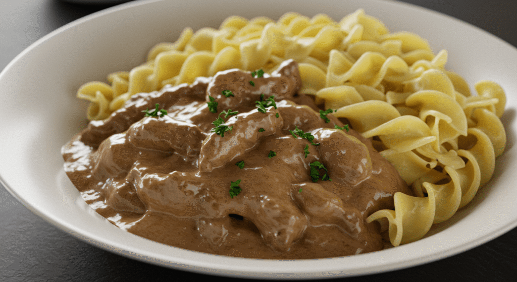 Creamy and savory beef stroganoff without mushrooms, served over egg noodles