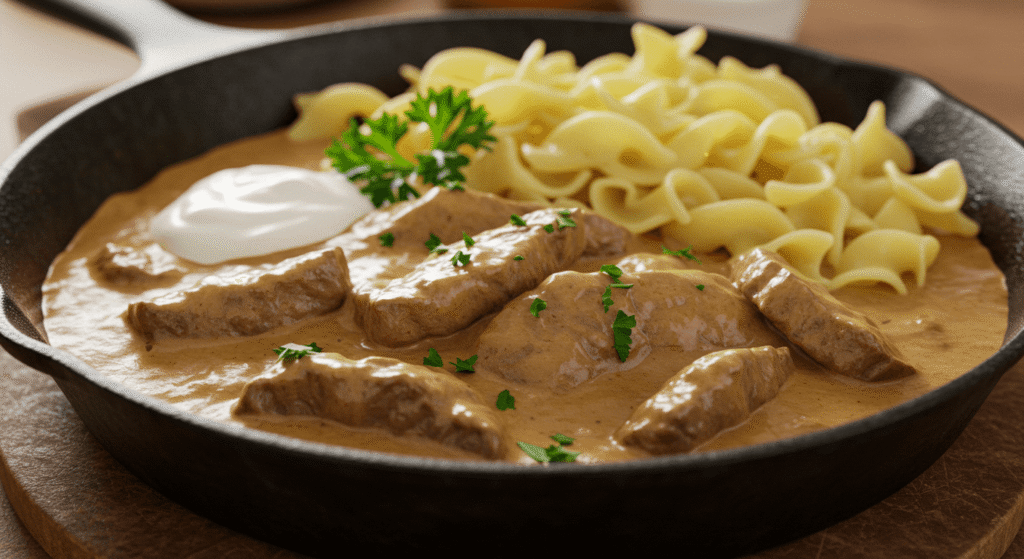 Homemade beef stroganoff with creamy sauce and no mushrooms on a dinner plate