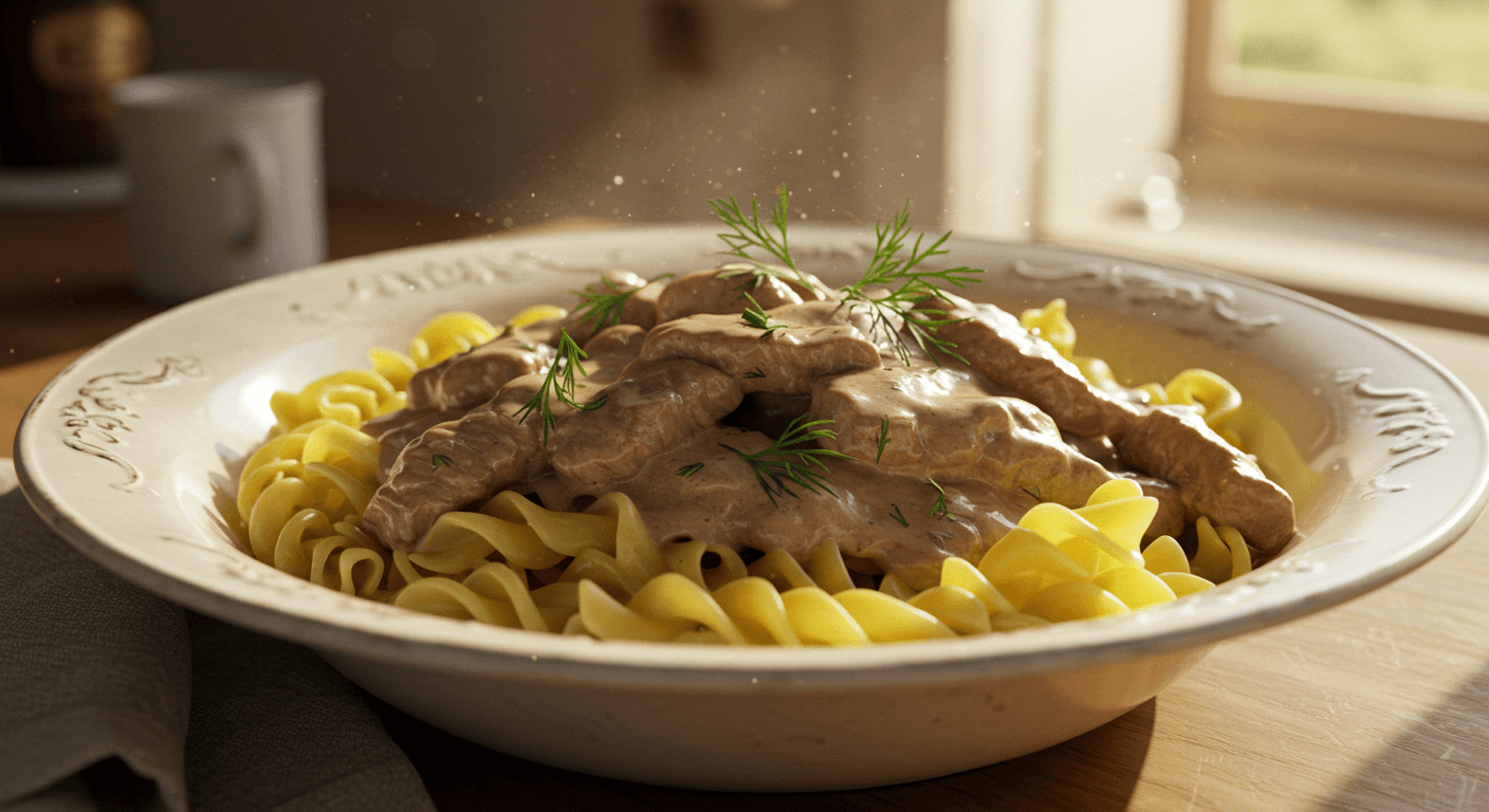 Beef stroganoff without mushrooms in a creamy sauce served on a plate