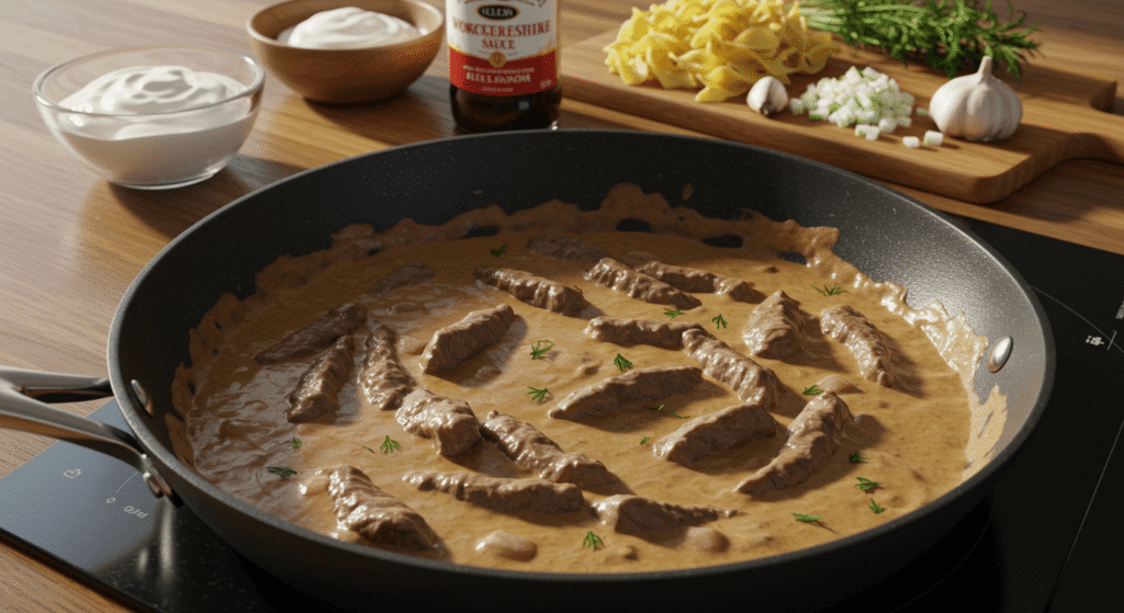 Creamy beef stroganoff with no mushrooms served with noodles