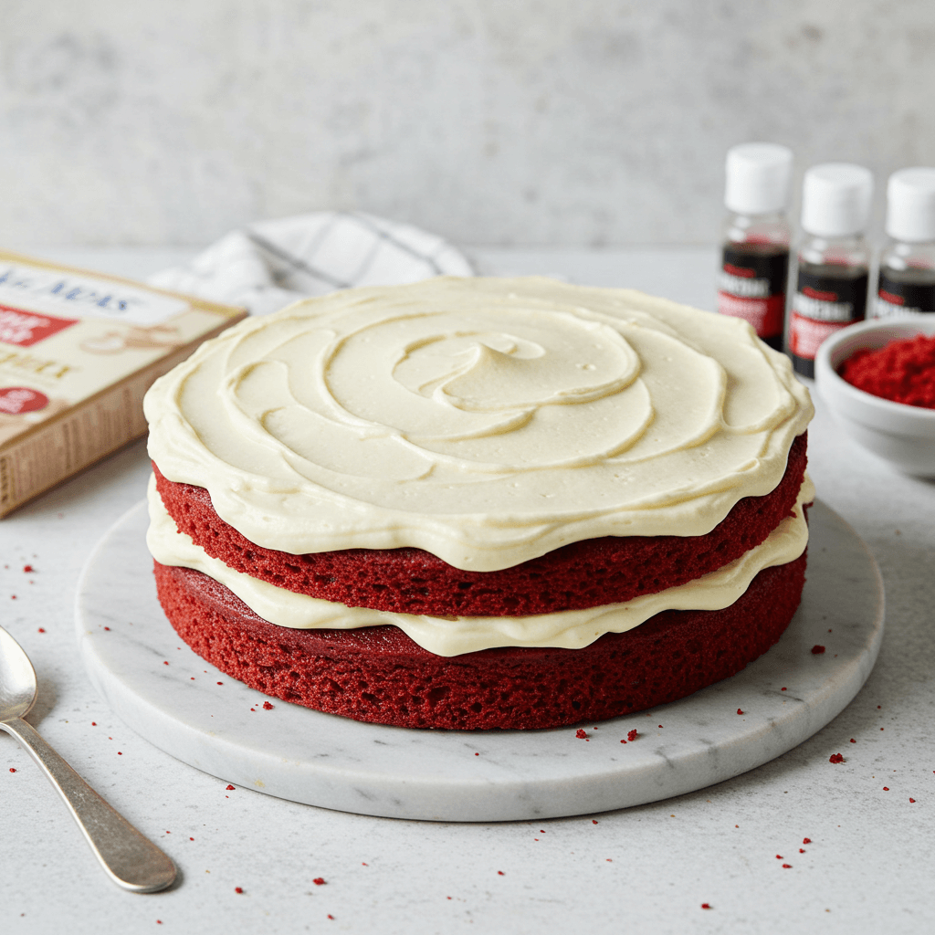 Homemade red velvet cake made from cake mix, topped with creamy frosting