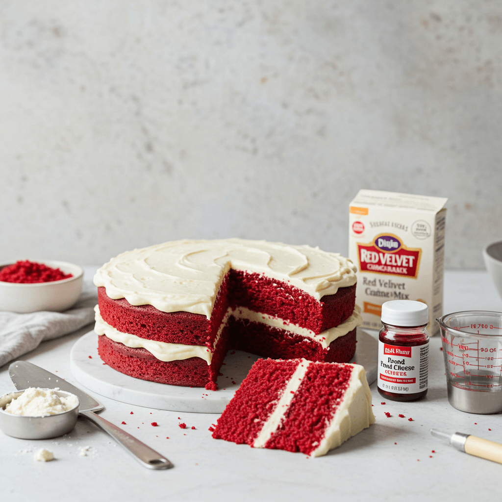 Two-layer red velvet cake made with cake mix, frosted with cream cheese icing and a slice cut out