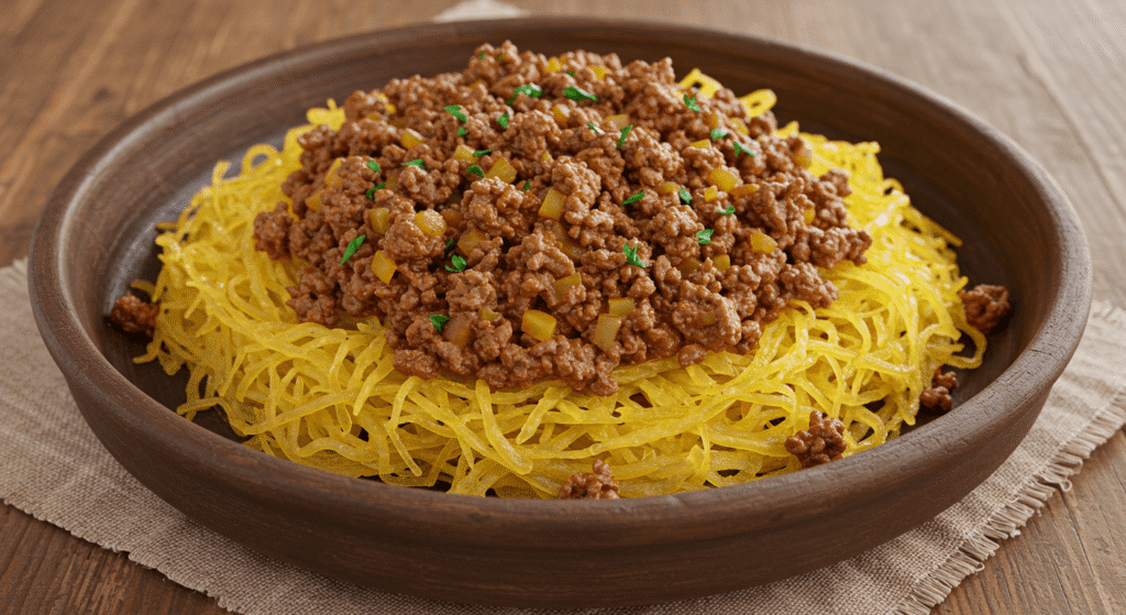 Cooked spaghetti squash with seasoned ground beef