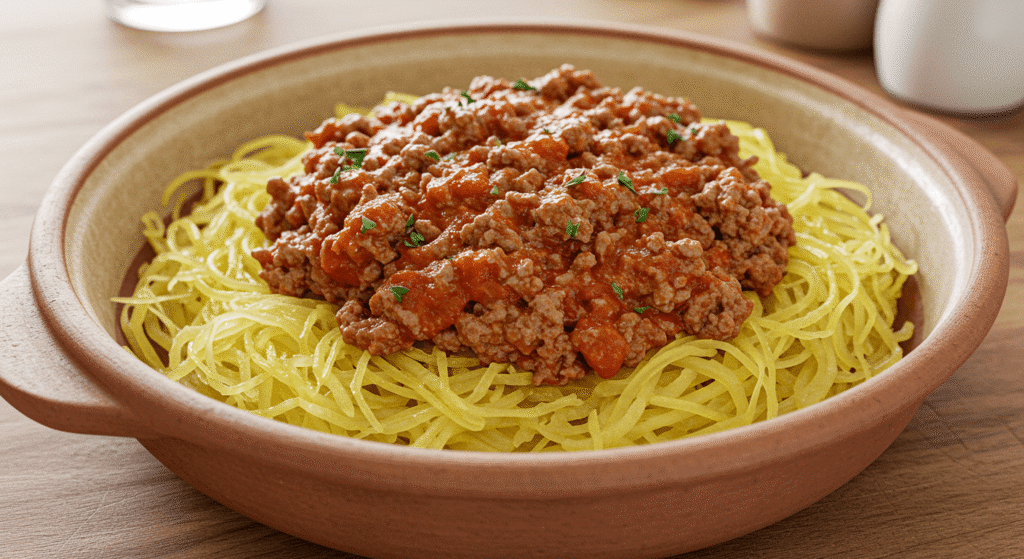 Ground beef with spaghetti squash in a bowl