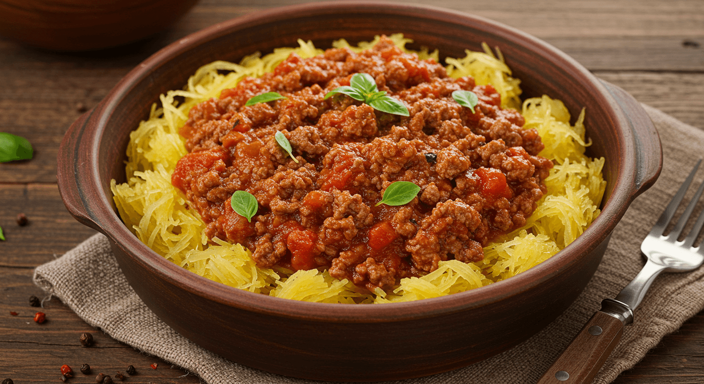 ground beef and spaghetti squash casserole served in a white baking dish