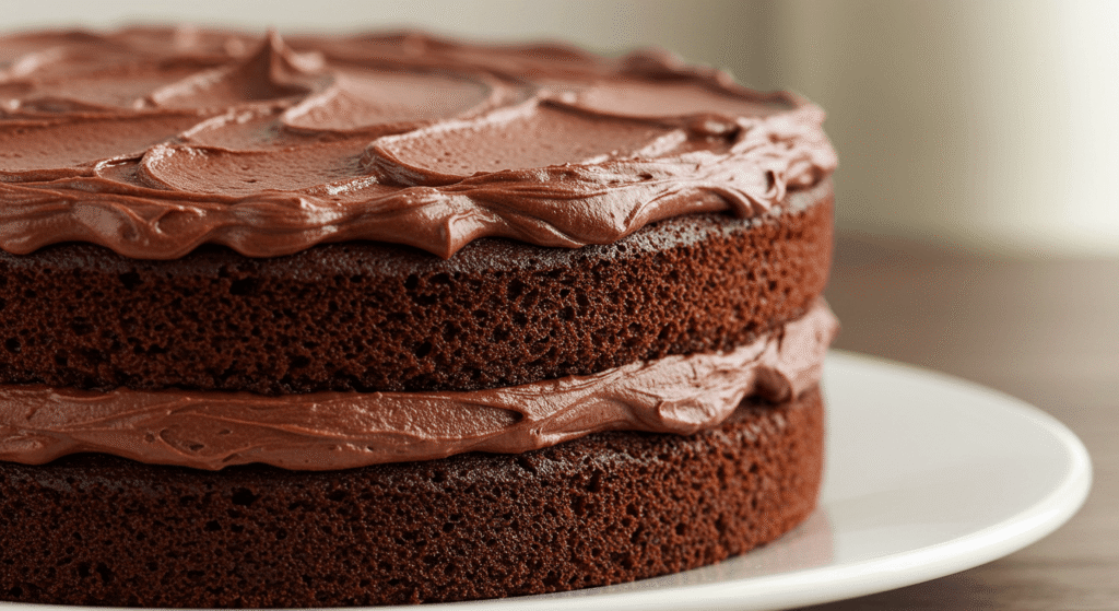 Slice of rich chocolate cake on a plate