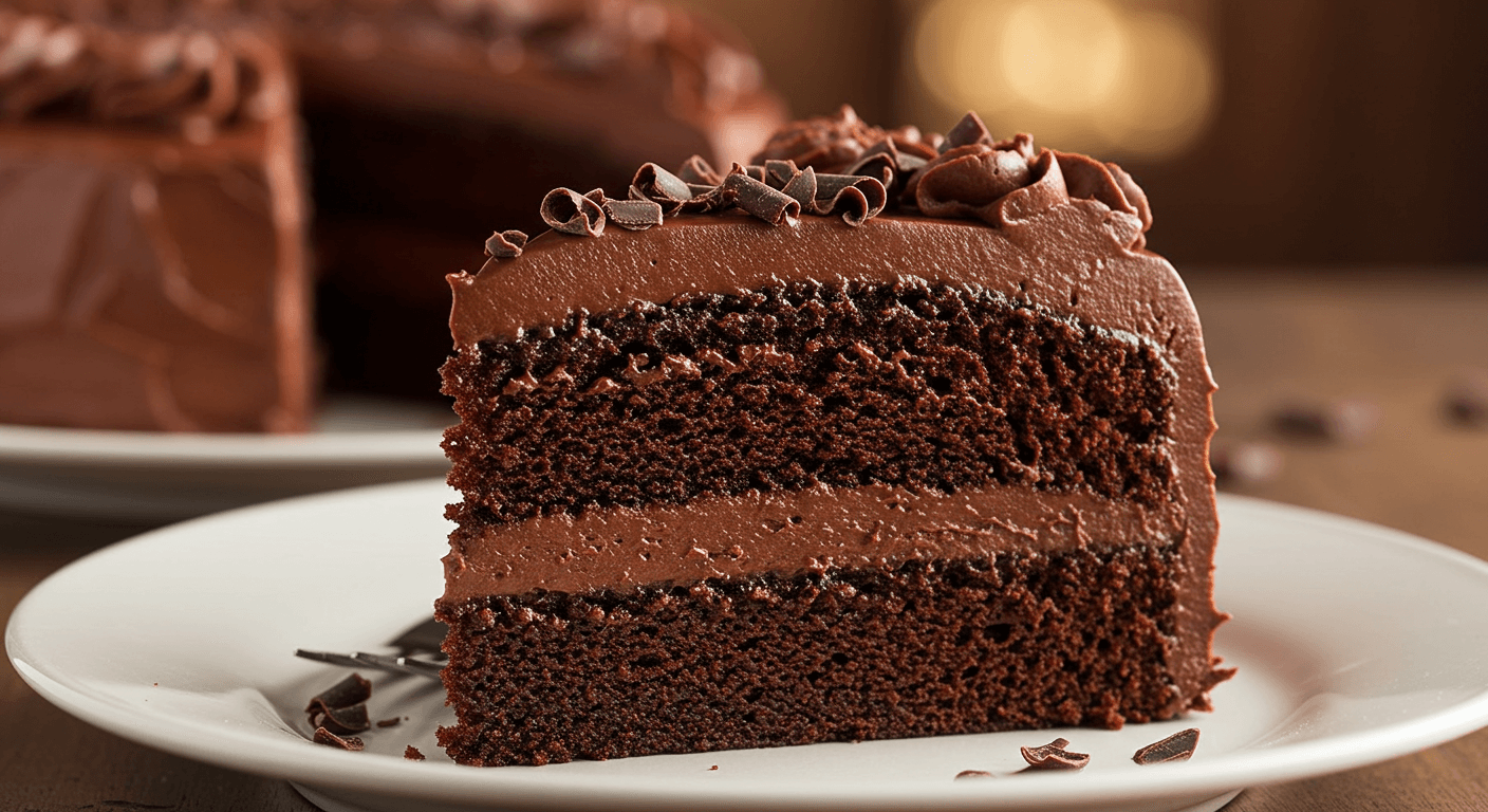 Slice of decadent chocolate cake made from the Wegmans Ultimate Chocolate Cake Recipe, rich with frosting and moist layers.