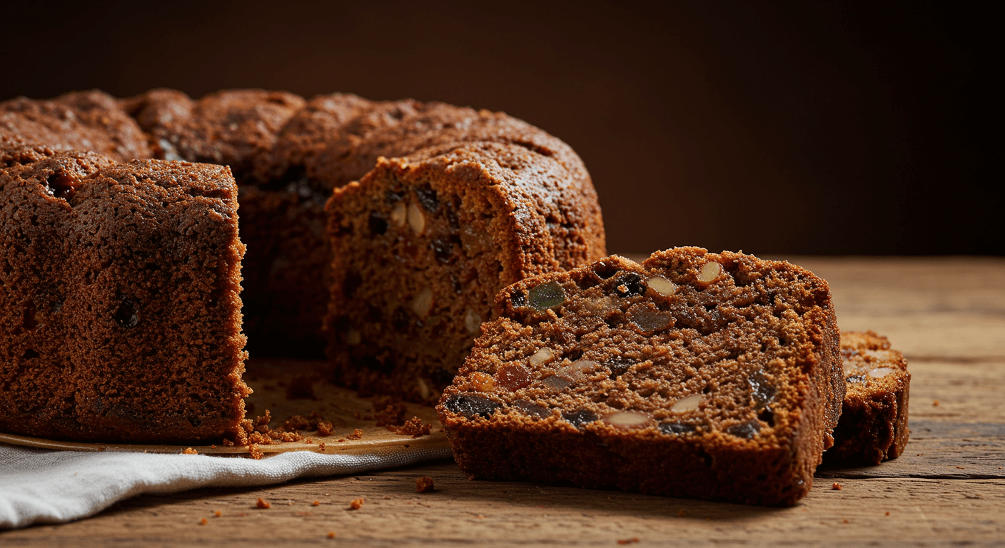 Homemade Claxton fruit cake sliced on a plate.