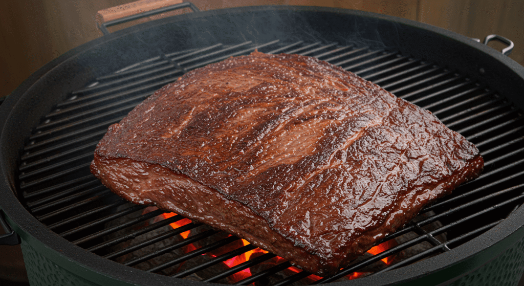 Big Green Egg smoker with whole brisket during low and slow BBQ session