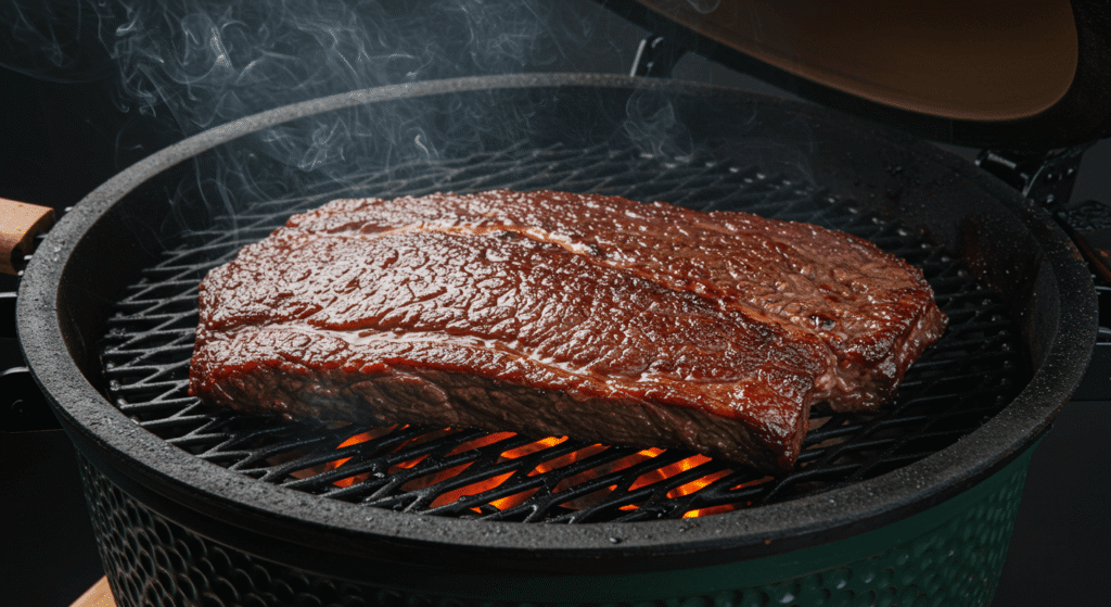 Charred beef brisket bark close-up from green egg brisket recipe