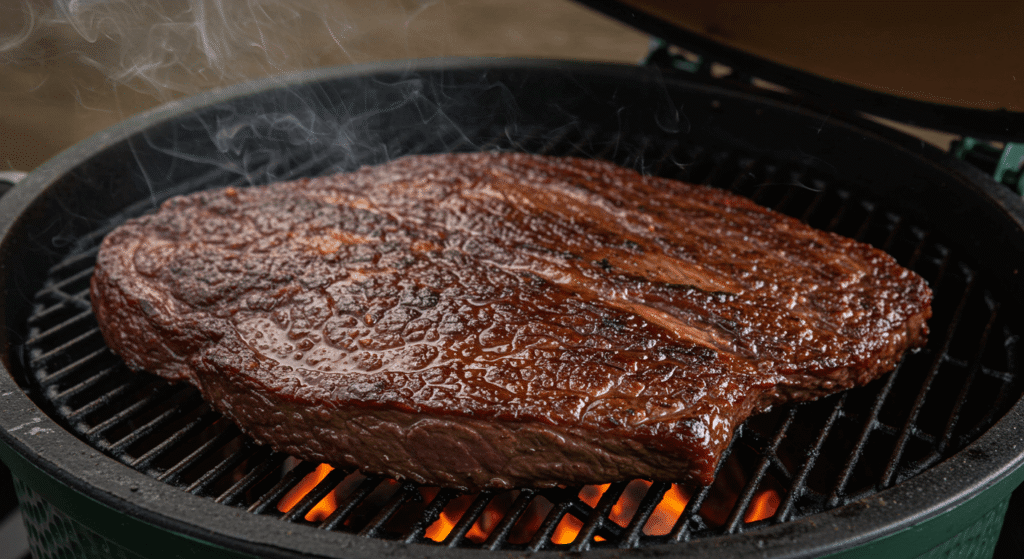 Juicy Texas-style brisket resting on cutting board after green egg cook