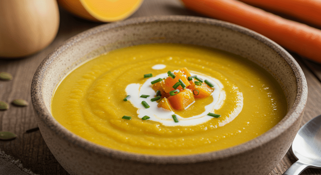 Gluten and dairy free homemade soup with fresh vegetables and herbs