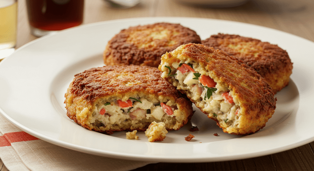 Freshly cooked crab cakes made with New Orleans spices