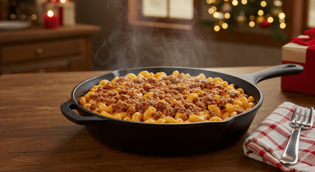Comfort food made with Kraft mac and cheese and browned beef