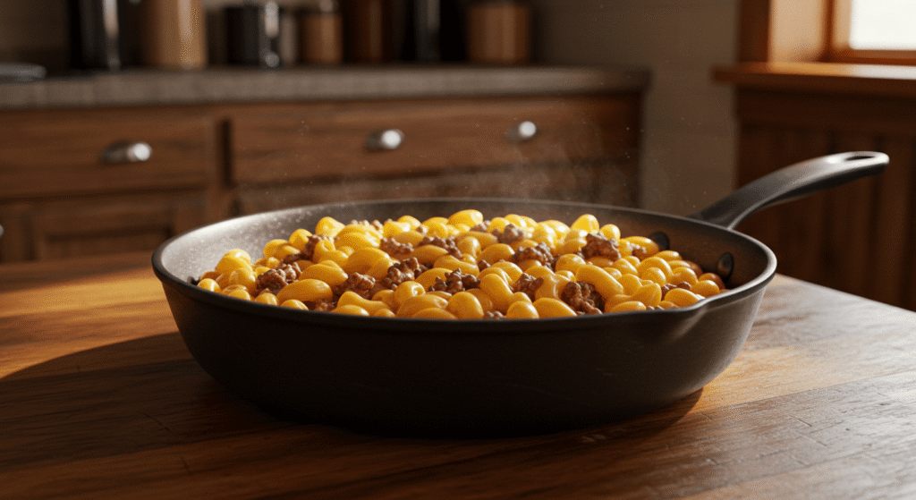Cheesy Kraft pasta and beef casserole served on a plate
