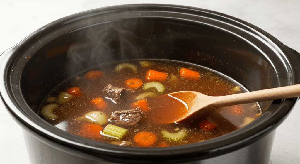 Slow-cooked beef broth in a pot