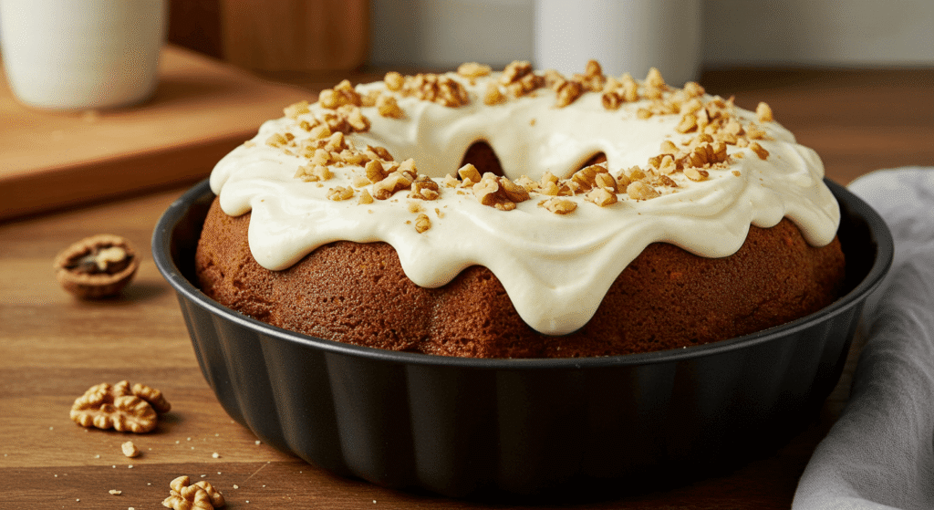 Easy homemade carrot cake Bundt recipe on a white plate