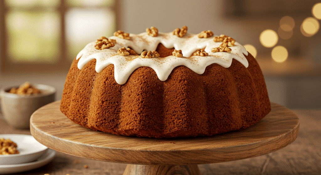 Spiced carrot cake in Bundt pan with cream cheese frosting drizzle