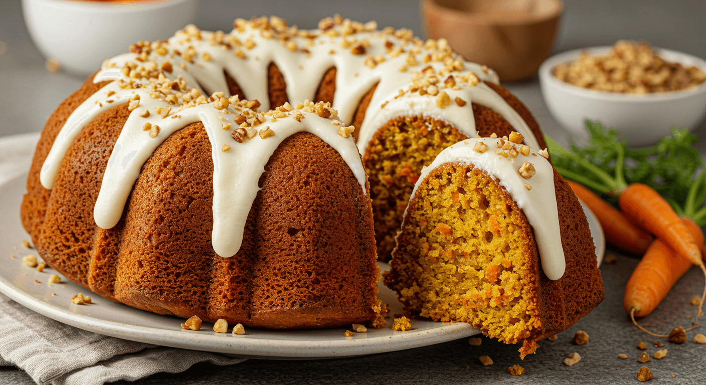 Moist carrot cake Bundt recipe with chopped walnuts on top