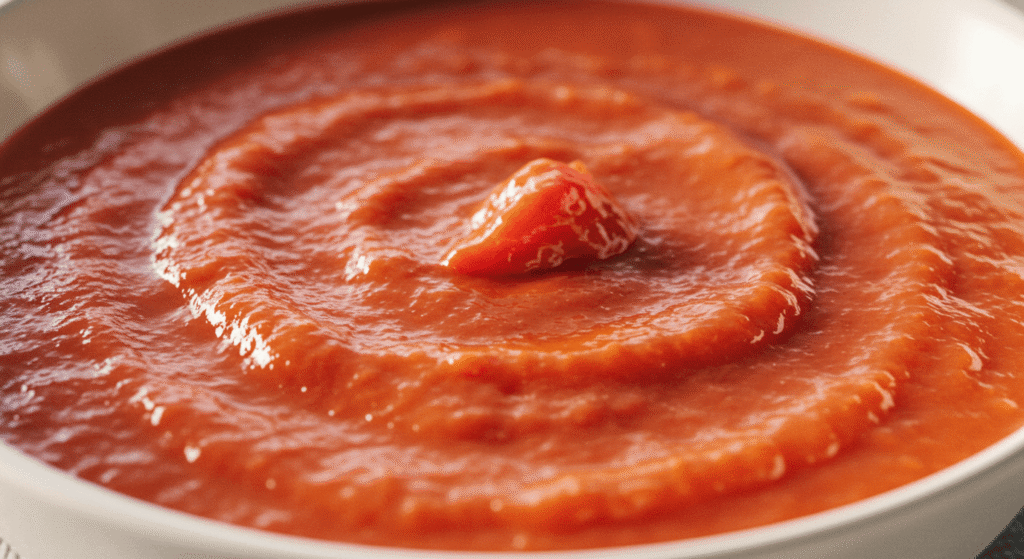 Jar of homemade tomato soup for canning.