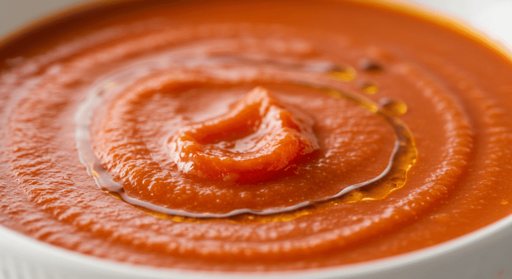 Tomato soup in glass jars ready for canning.