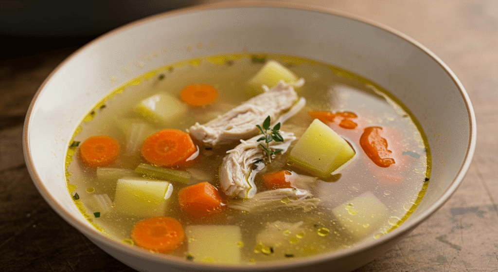 Low-calorie broth-based soup served in a clear glass bowl for bariatric patients.
