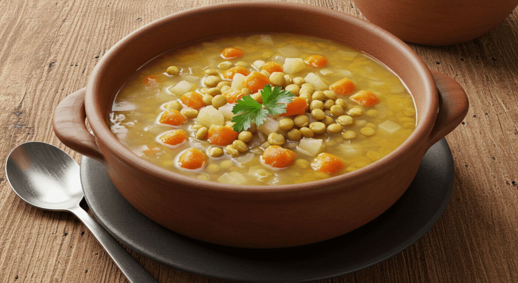 Bowl of hearty Goya split pea soup with visible carrots, celery, and green split peas, served on a wooden table with a spoon and napkin beside it.
