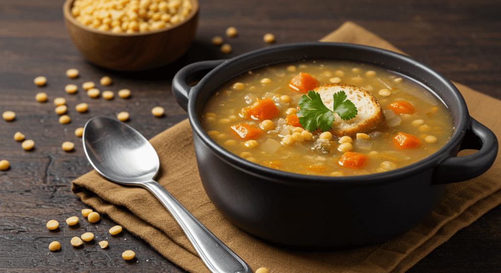 Hearty bowl of green split pea soup with ham and bread on the side