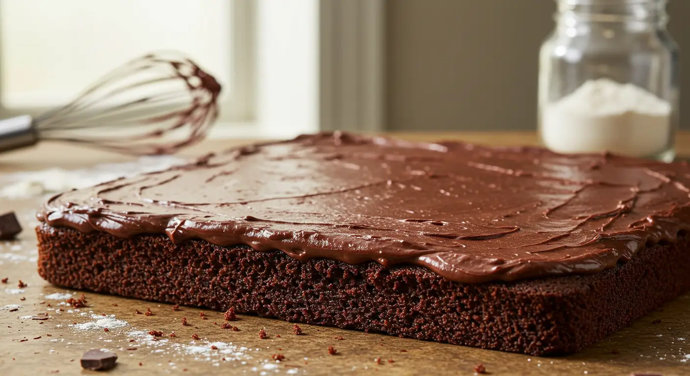 The Best Texas Sheet Cake with Buttermilk, topped with glossy chocolate icing and chopped pecans on a white plate.