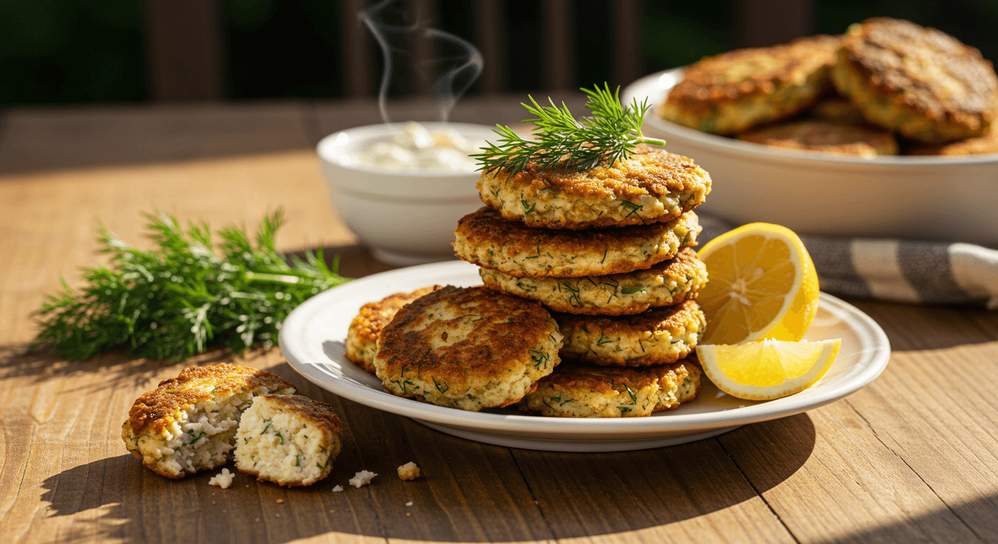 Golden-brown Dungeness crab cakes served with lemon wedges and fresh herbs – a delicious Pacific Northwest summer favorite.