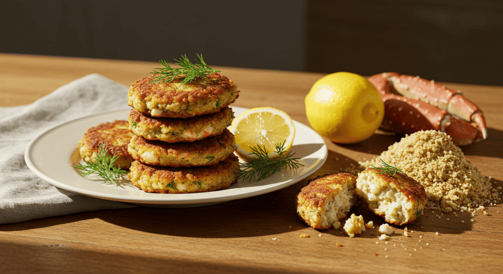 Plated Delicious Dungeness Crab Cakes Recipe – A Pacific Northwest Summer Favorite with fresh herbs and lemon slices.