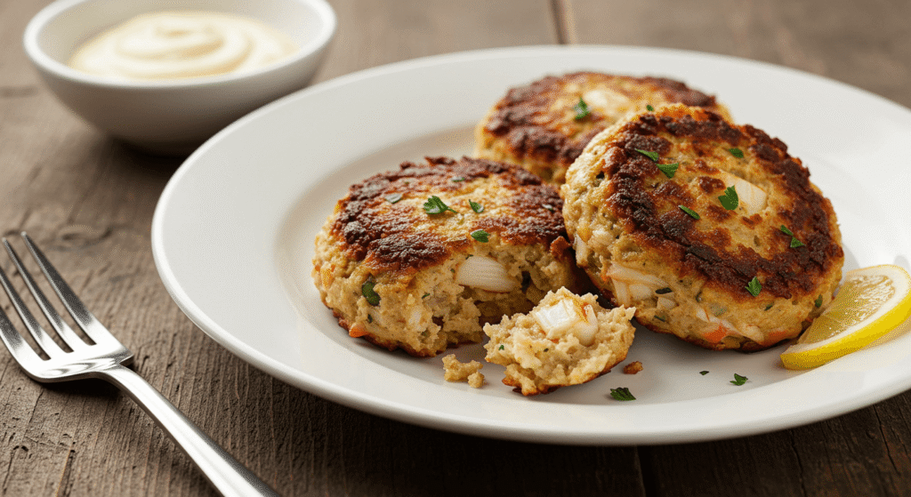 Dungeness crab cakes on a plate.