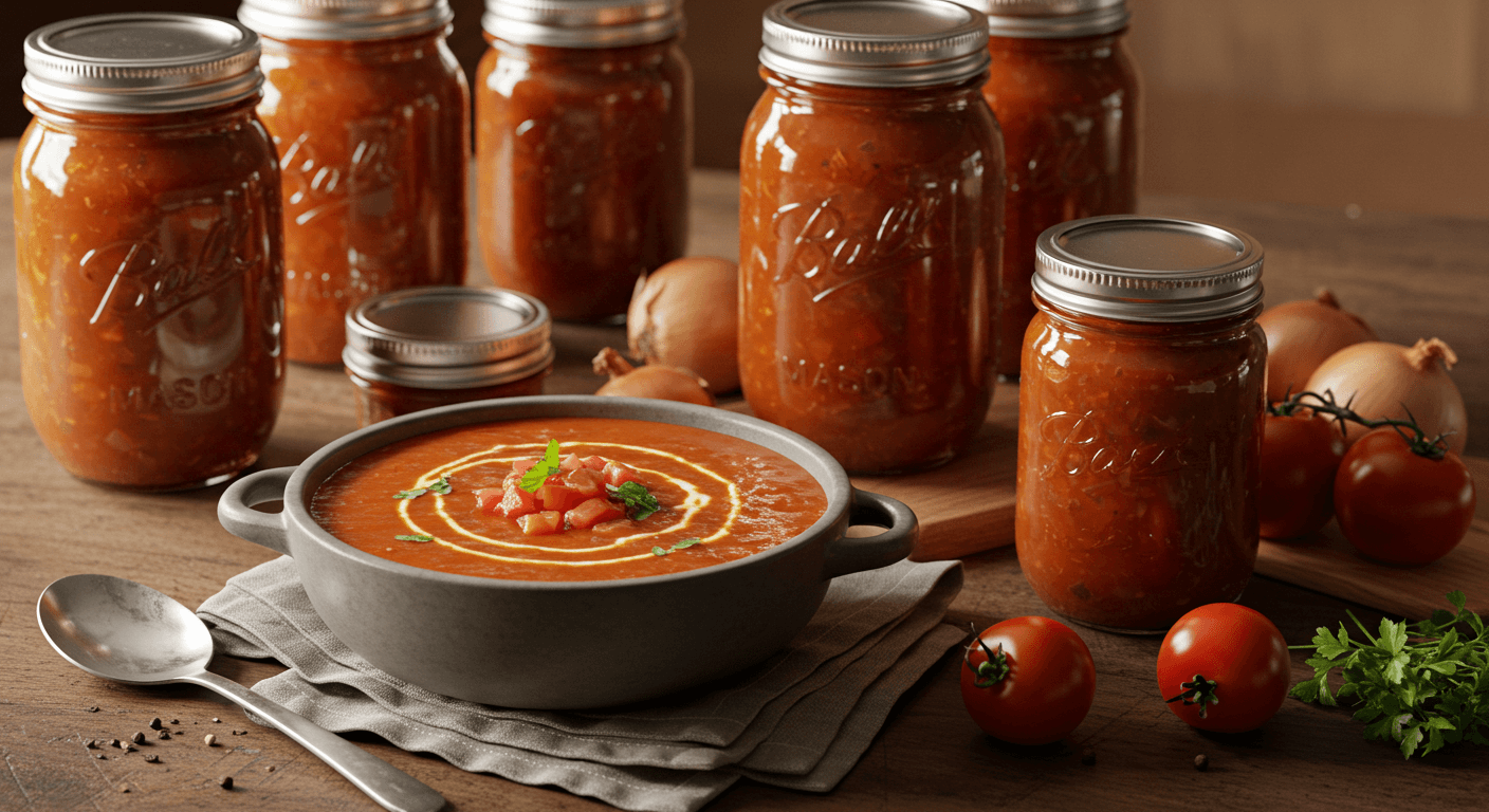 Tomato Soup for Canning Recipes in mason jars on a wooden kitchen counter