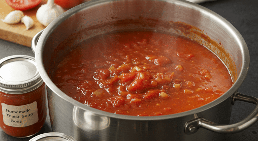 Homemade tomato soup in jars for canning
