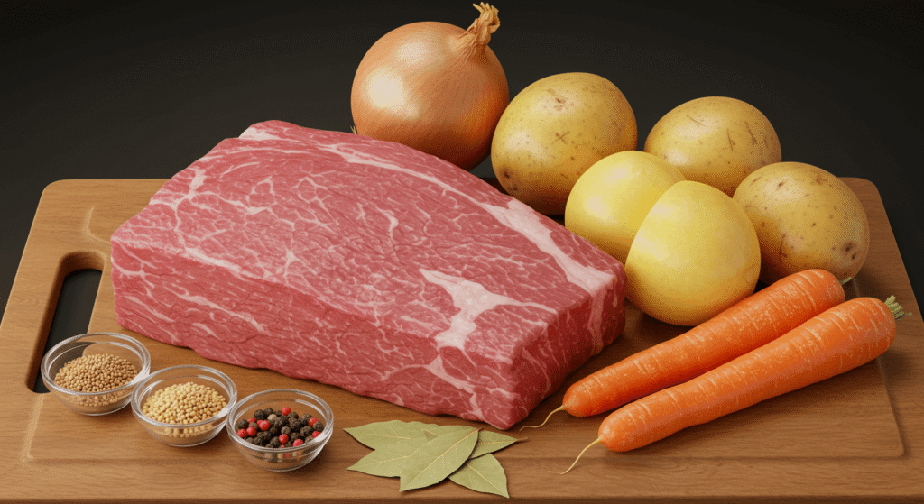 Corned beef brisket cooked in an Instant Pot with carrots, cabbage, and potatoes.