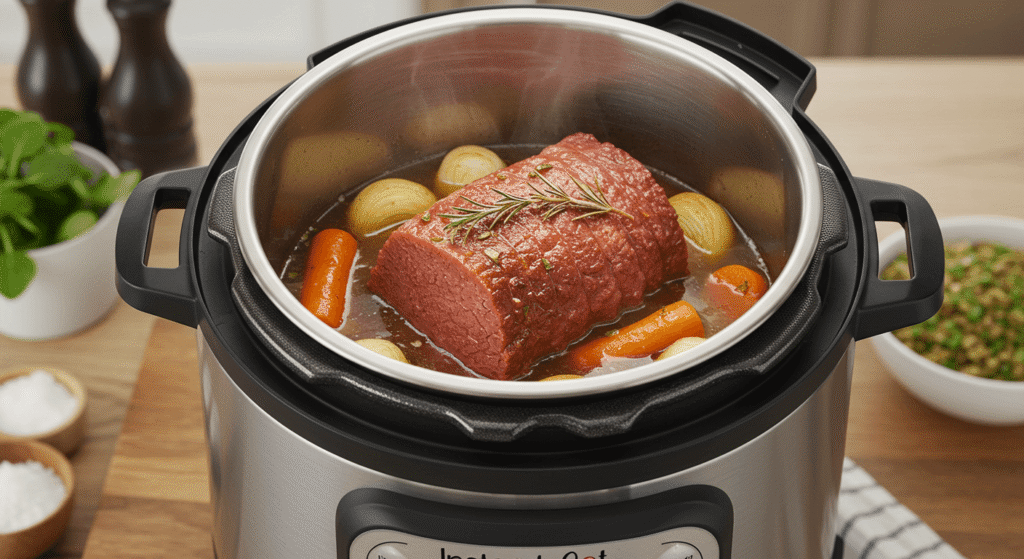 Corned beef and vegetables cooked in an Instant Pot.