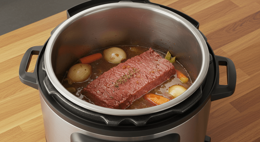 Instant Pot corned beef with cabbage and potatoes.