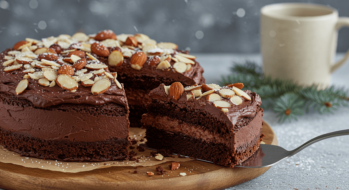 Gluten and Lactose-Free Chocolate Almond Cake Recipe served on a rustic winter table with almonds and chocolate garnish.