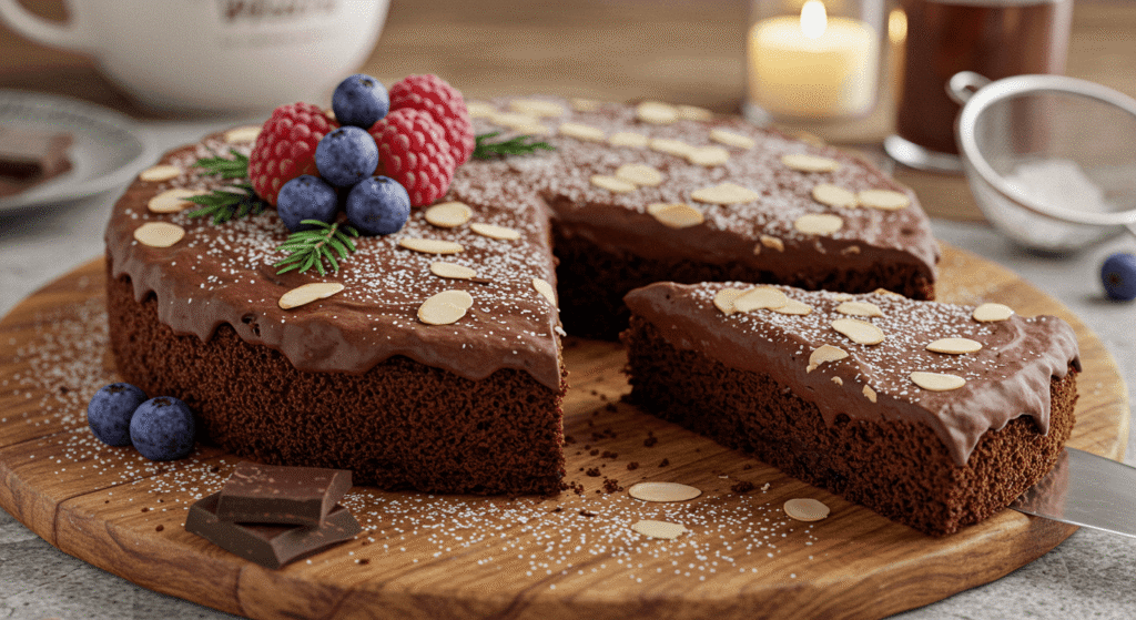 Gluten and Lactose-Free Chocolate Almond Cake Recipe topped with sliced almonds.