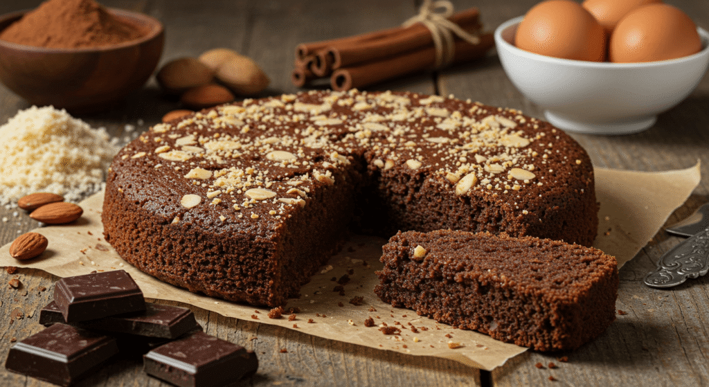 Gluten and Lactose-Free Chocolate Almond Cake Recipe on a plate.