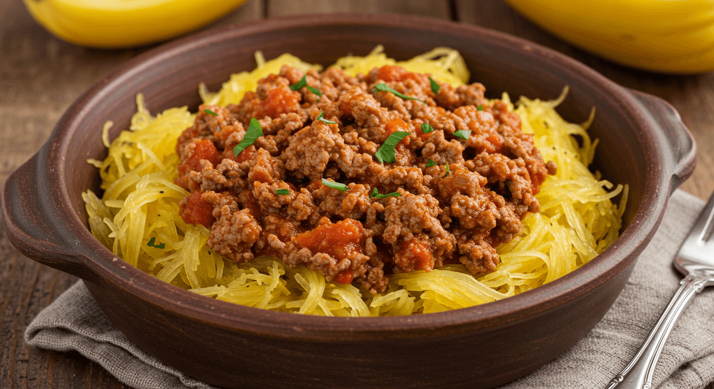 Spaghetti squash with seasoned ground beef, garnished with fresh herbs and served in the squash shell