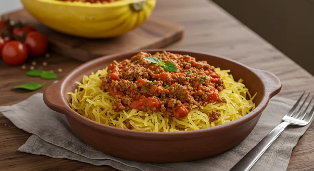 Stuffed spaghetti squash halves with tomato beef mixture and herbs