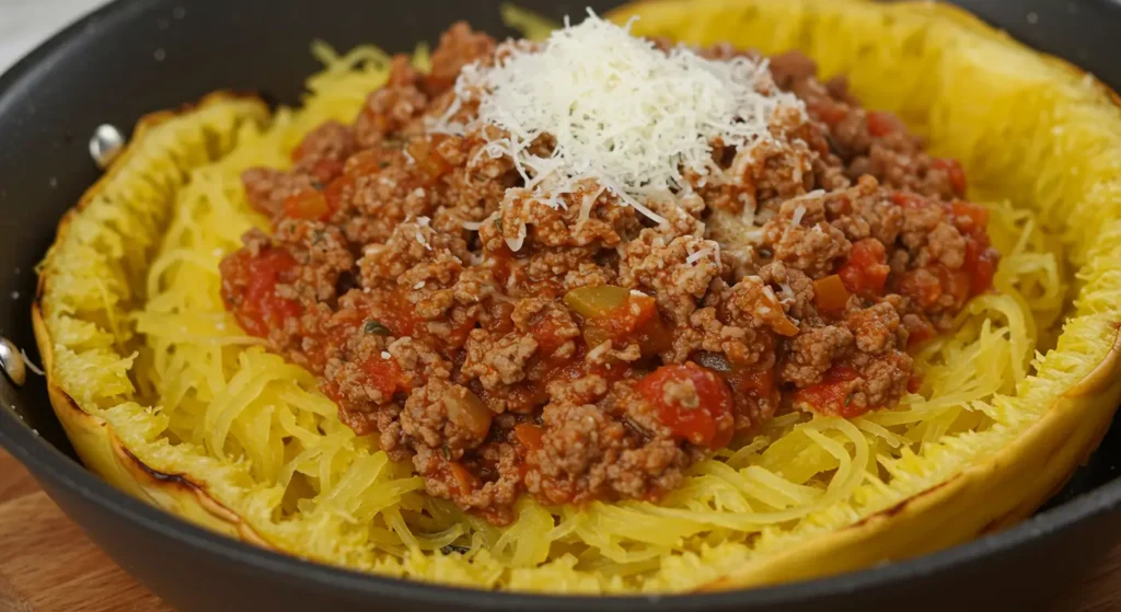 Healthy dinner of roasted spaghetti squash and savory ground beef