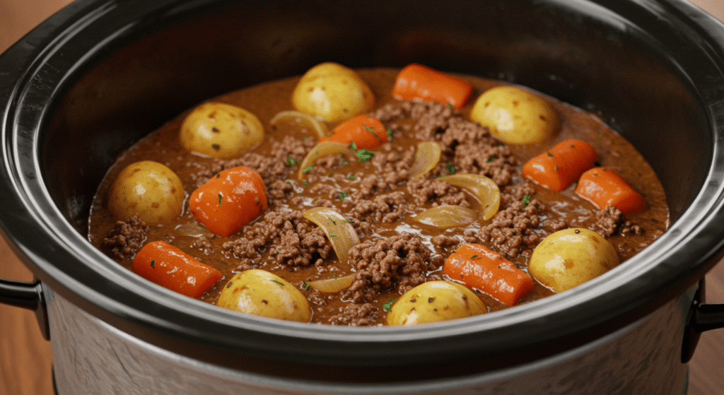Slow-cooked ground beef stew in a Crock Pot with carrots, potatoes, and onions.